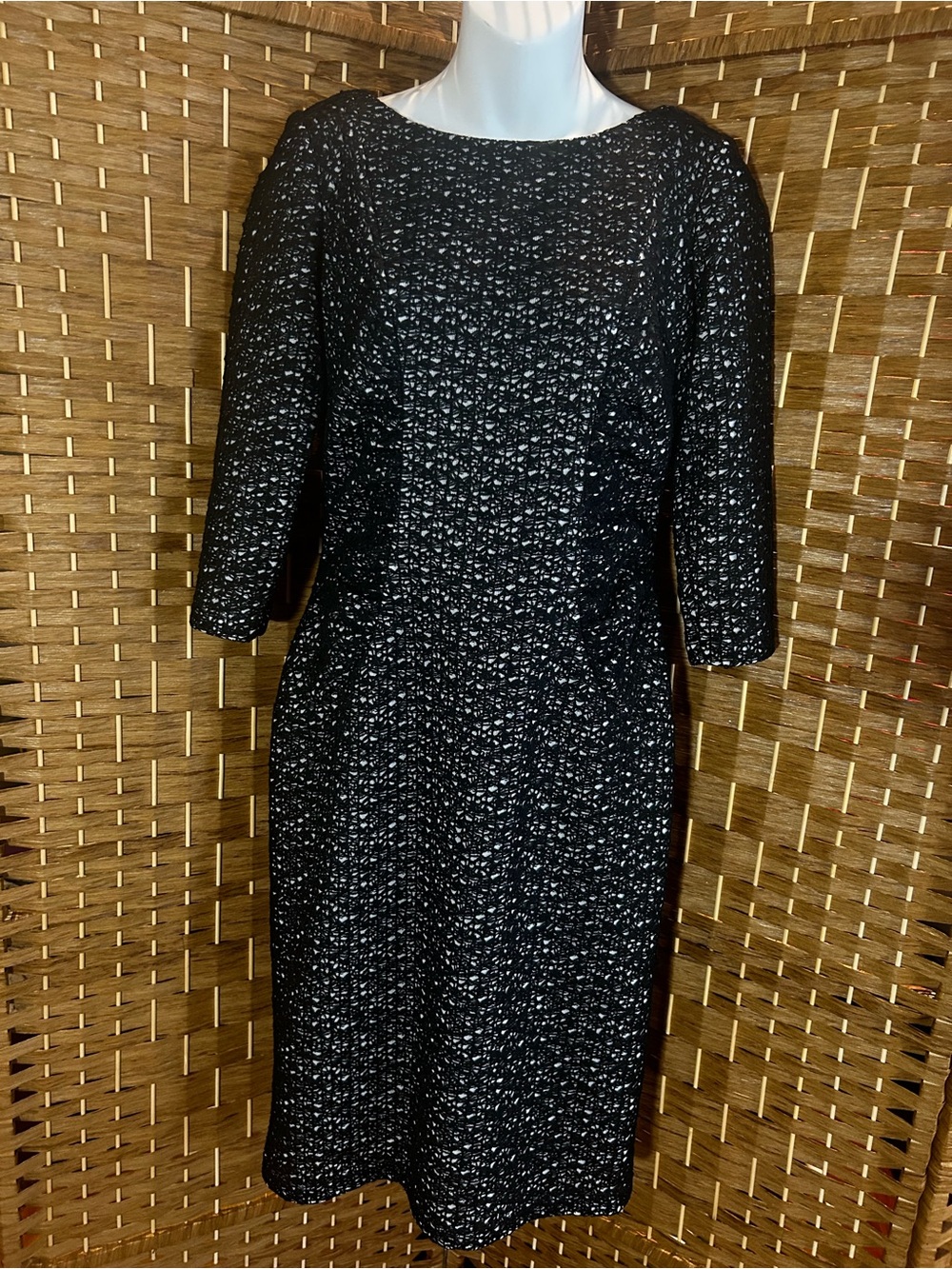 Textured Lace Sheath Dress Black Cocktail 3/4 Sleeve David Meister Size 6